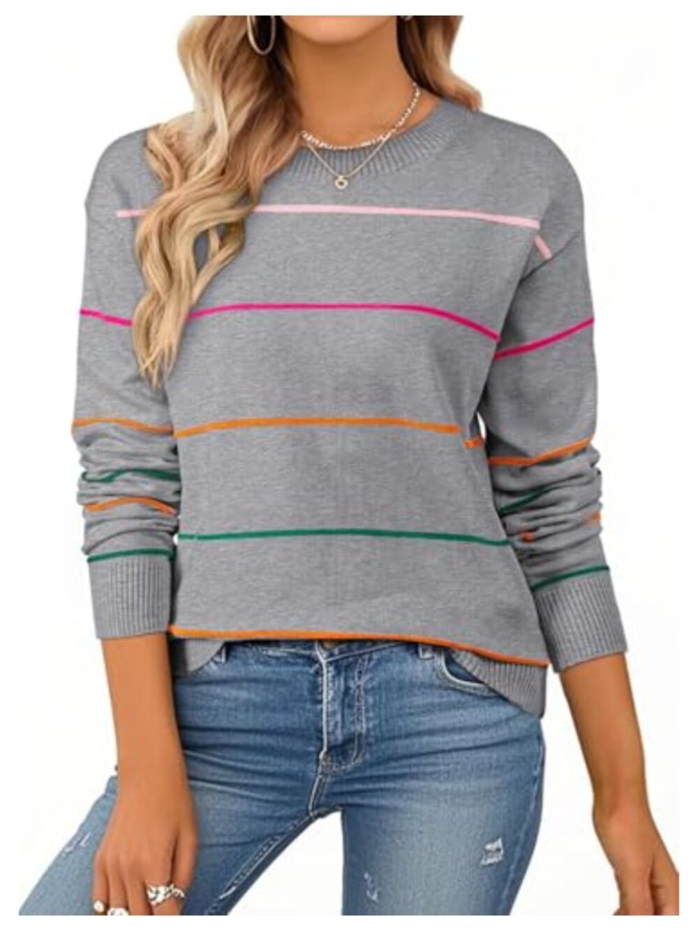 SHEWIN Womens Striped Crewneck Knit Sweater Pullover Long Sleeve